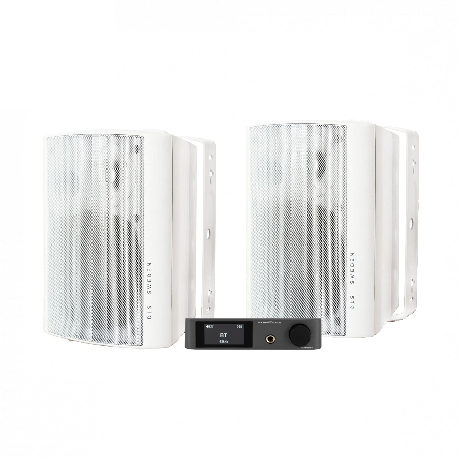 Vit utomhushögtalare med Bluetooth och en ljudkontroll.