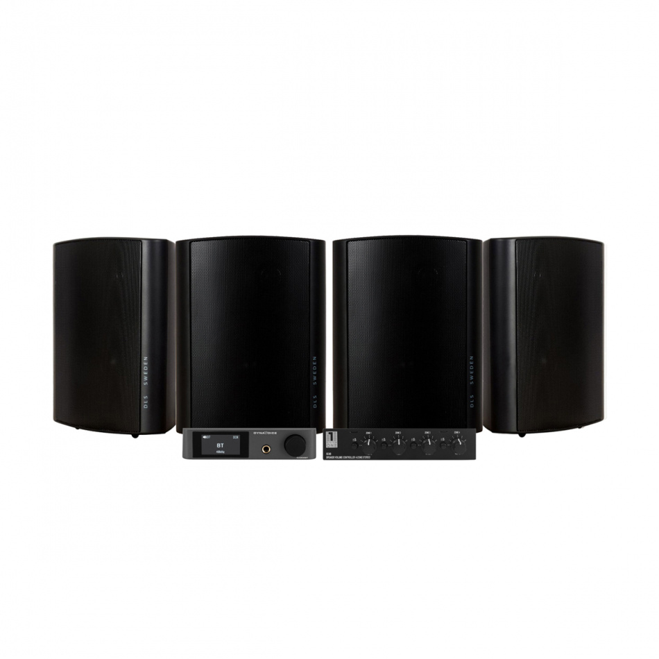 Svart ljudsystem med två högtalare och en central enhet för musikuppspelning.