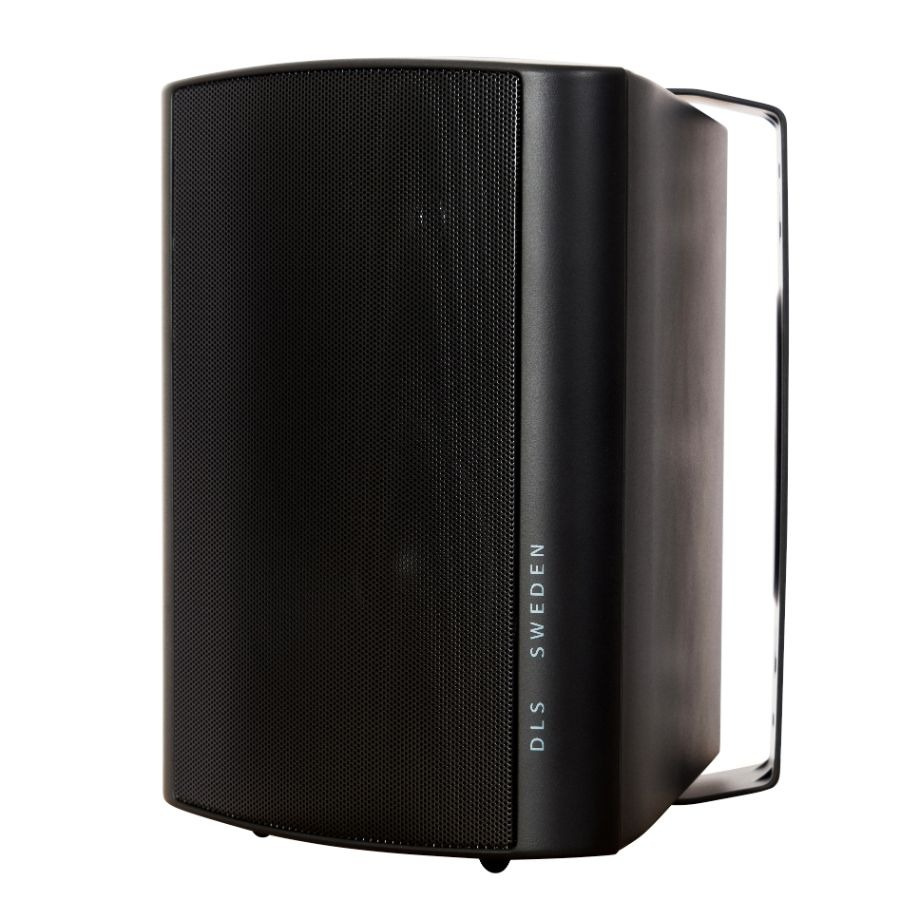 Svart utomhushögtalare med stilren design och DLS-logotyp.