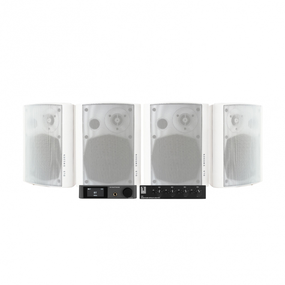 Högtalarsystem med två vita utomhushögtalare och en svart enhet.