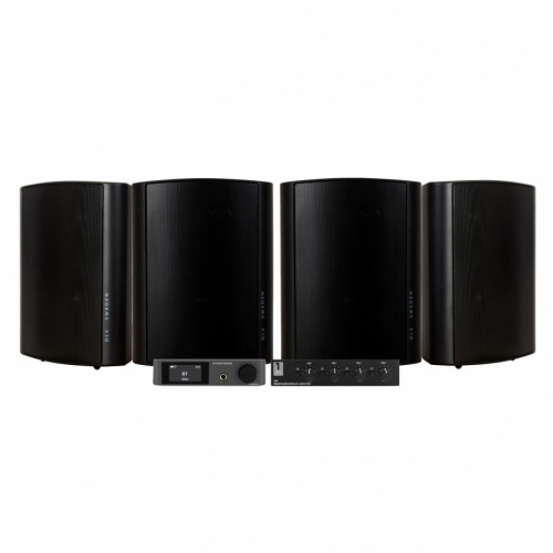 Svart högtalarsystem med mottagare och två par utomhushögtalare.