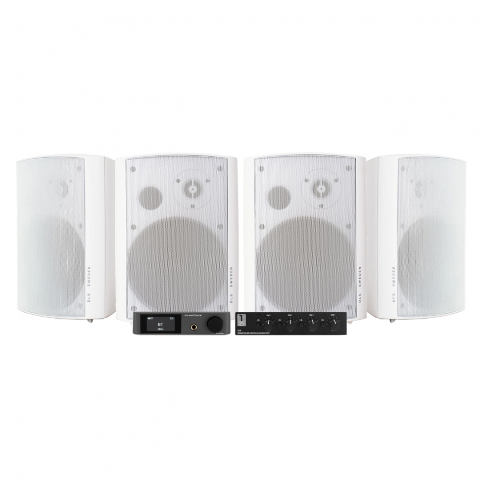 Högtalare och ljudsystem i vitt med flera färgade högtalare.