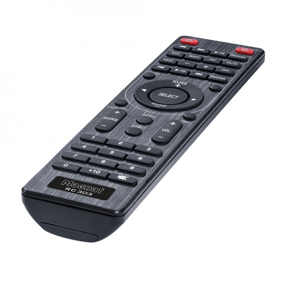 En svart fjärrkontroll med flera knappar för ljudstyrning och funktioner.