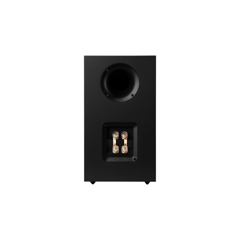 Svart stativhögtalare med bakre port och anslutningar för högtalarkablar.