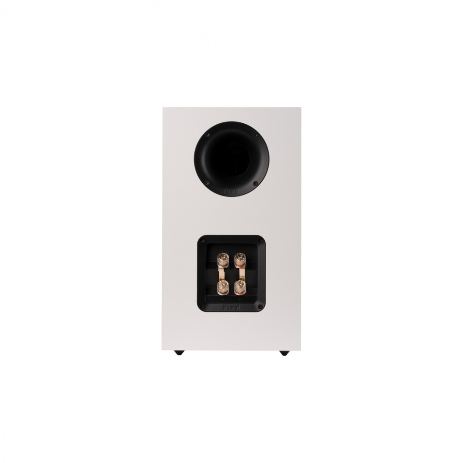 Högtalare i vitt med bakre basport och anslutningsterminaler.