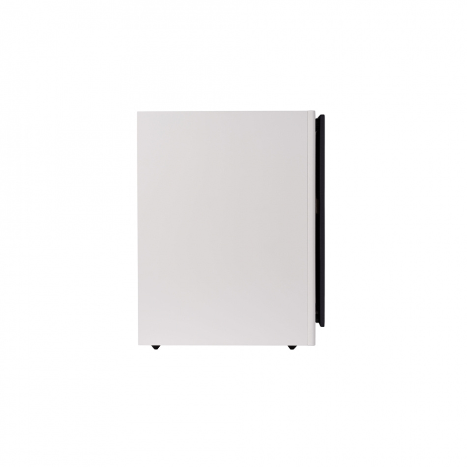 Vit högtalare med en slät yta och svart galler. Stereopaket.