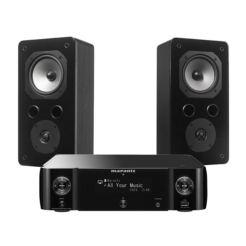 Ett stereopaket med en Marantz M-CR511 förstärker och Dynavoice högtalare.