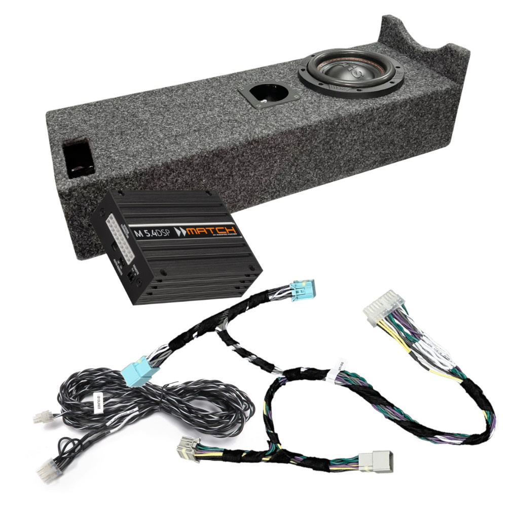 Ljudsystemskomponenter för MG Marvel R 2021, inklusive subwoofer och förstärkare.