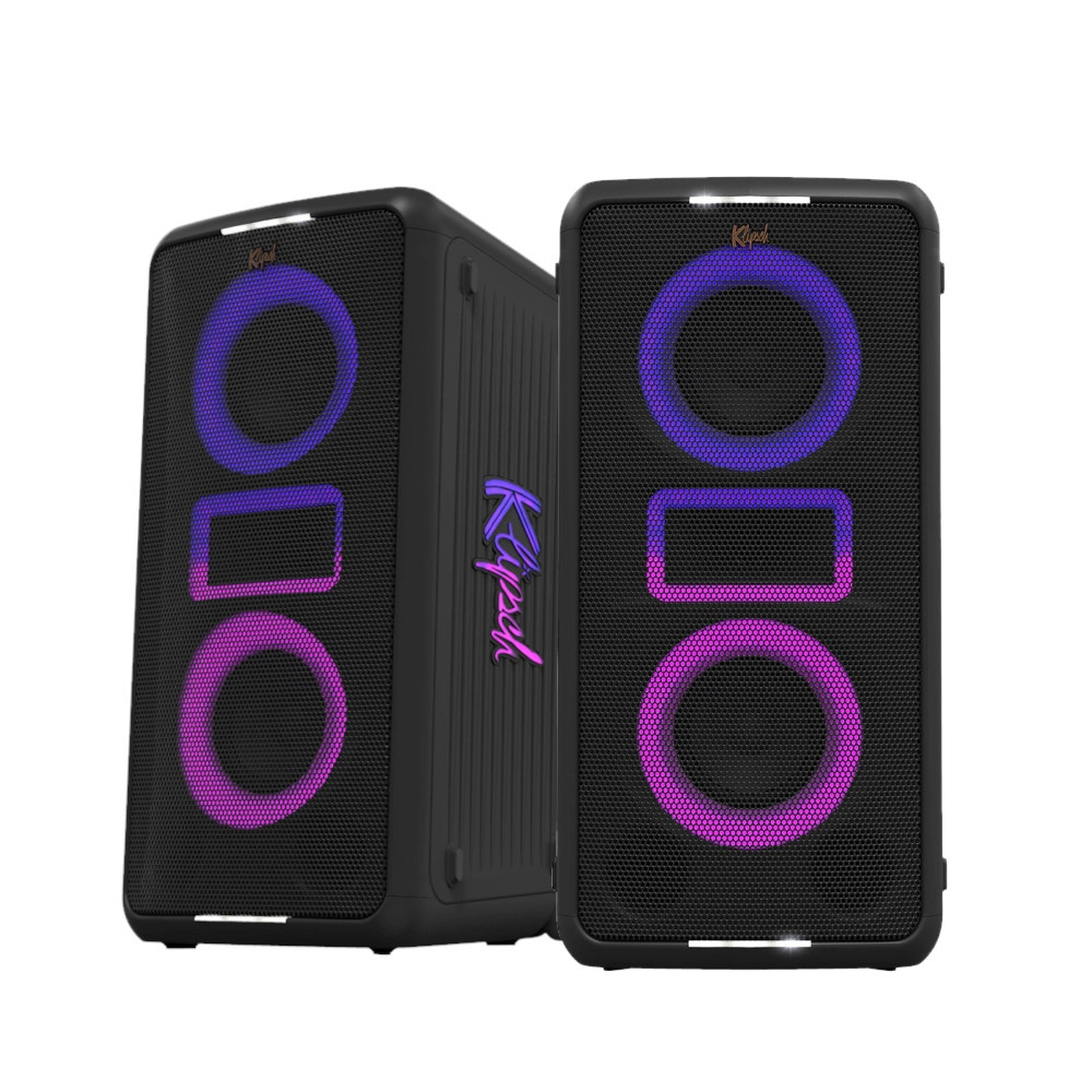 Svarta partyhögtalare med färgglad belysning och Bluetooth-funktion.