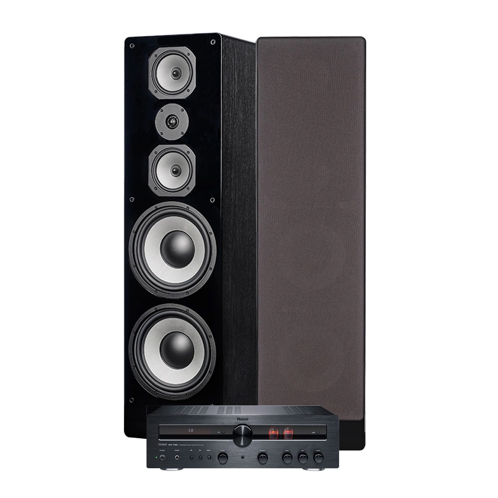 Stereopaket med högtalare och förstärkare. Elegant design, svart finish.