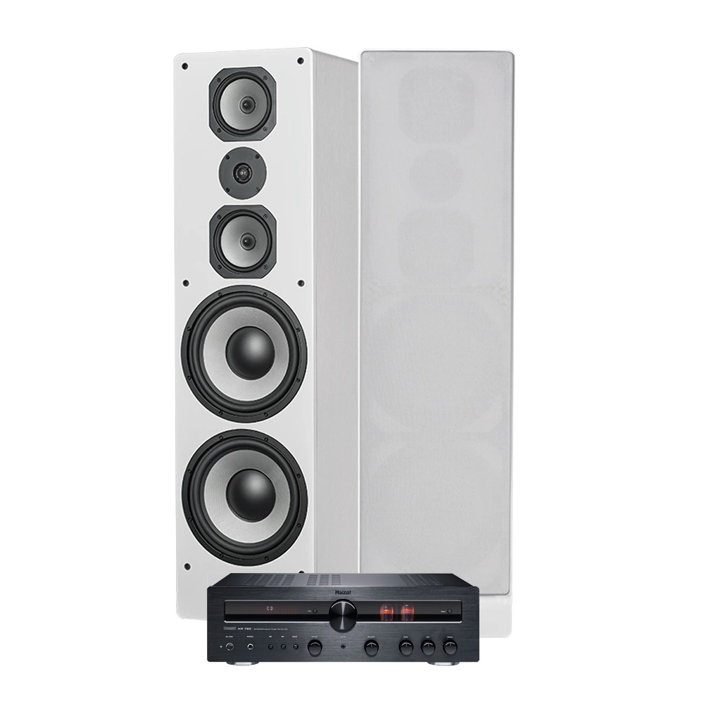 Stereopaket med högtalare och förstärkare i vitt och svart.