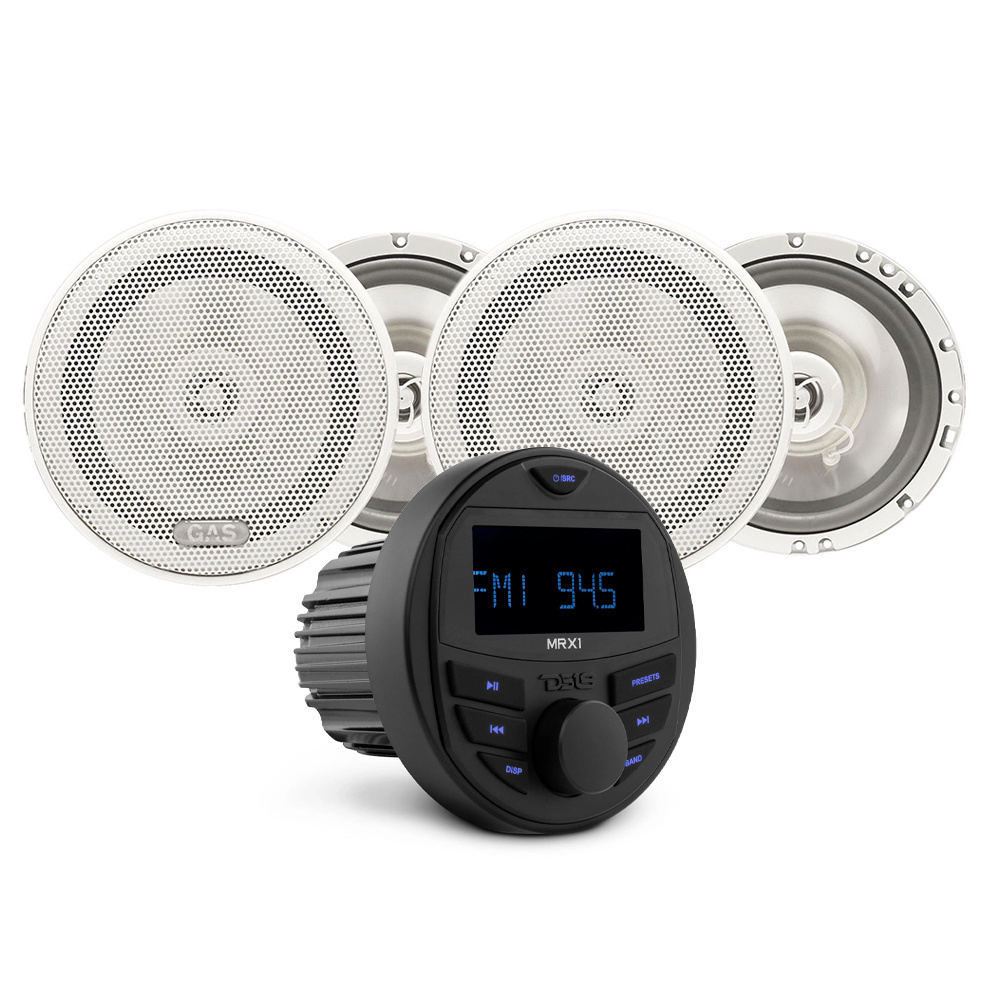 Marinpaket med stereomottagare och två högtalare för båtar.