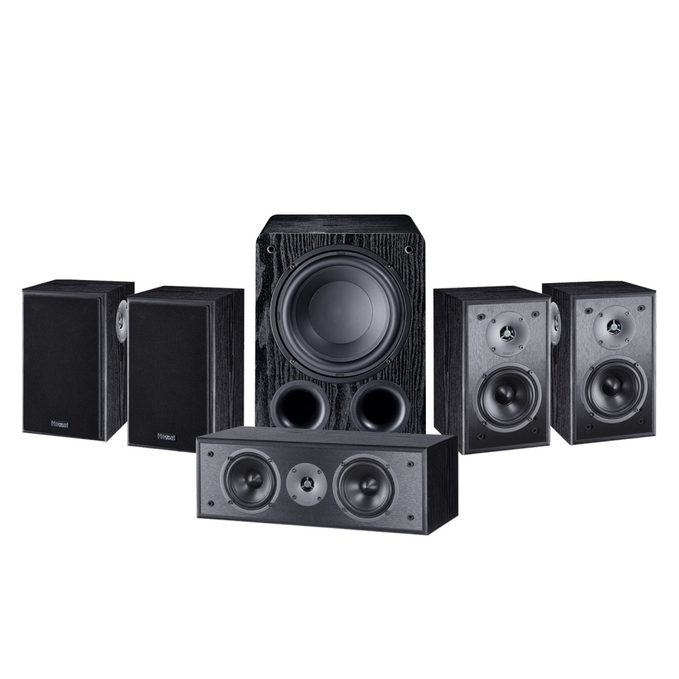 Ett svart 5.1 högtalarpaket med subwoofer och satellit- och centerhögtalare.