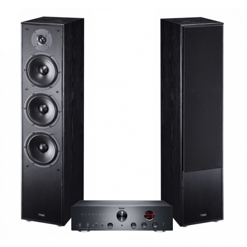 Stereopaket med två golvhögtalare och en förstärkare.