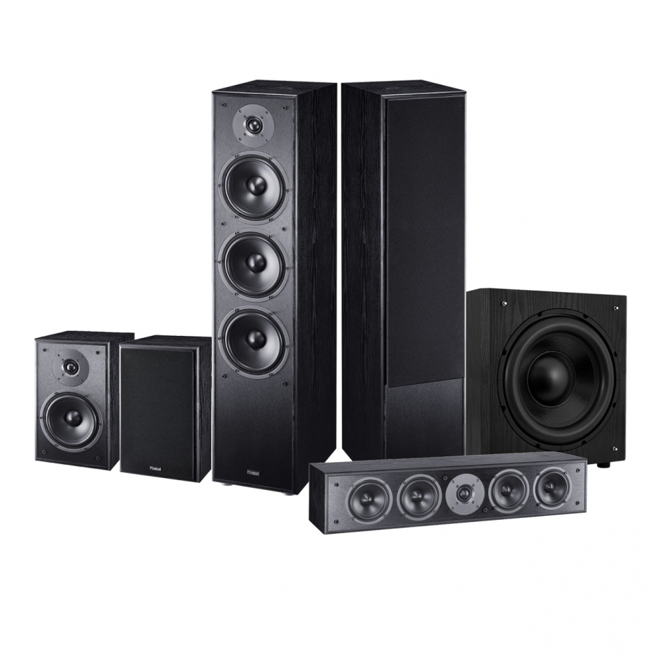 Högtalarpaket i svart med golvstående, stativ och subwoofer. Modern design.