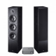 Wiim Amp & svarta Magnat MS70, 2.0 stereopaket Högtalare med tre element och förstärkare i svart design.