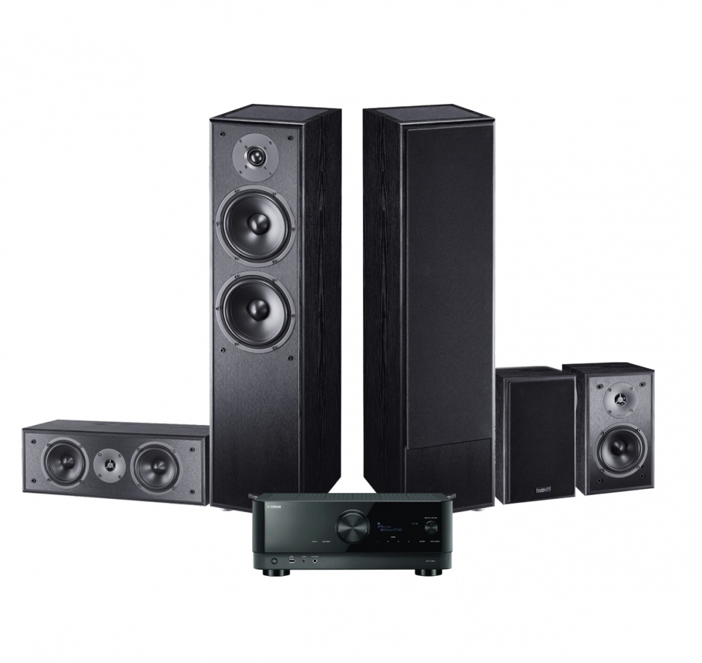 Hemmabiopaket med förstärkare och högtalare för Dolby Atmos.