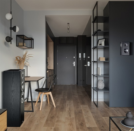 Modernt inrett rum med ljusa väggar och svarta detaljer samt högtalare.