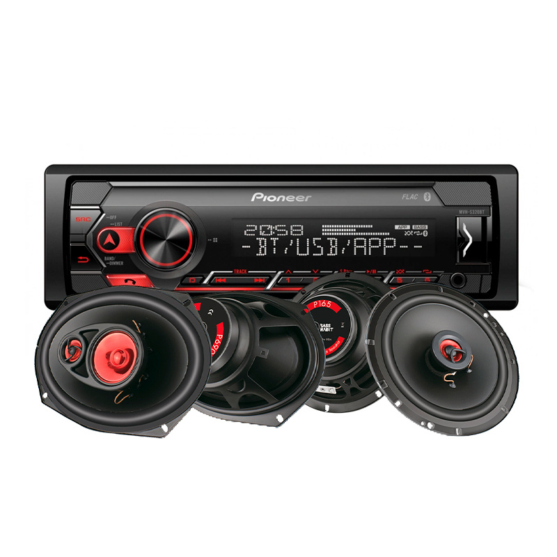 Bilstereo och högtalare med modern design och ljudfunktioner.