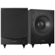 Dynavoice Magic MW10 subwoofer, Svart 2-pack Svart subwoofer, två stycken, fyrkantig design med frontgaller och spetsiga ben.