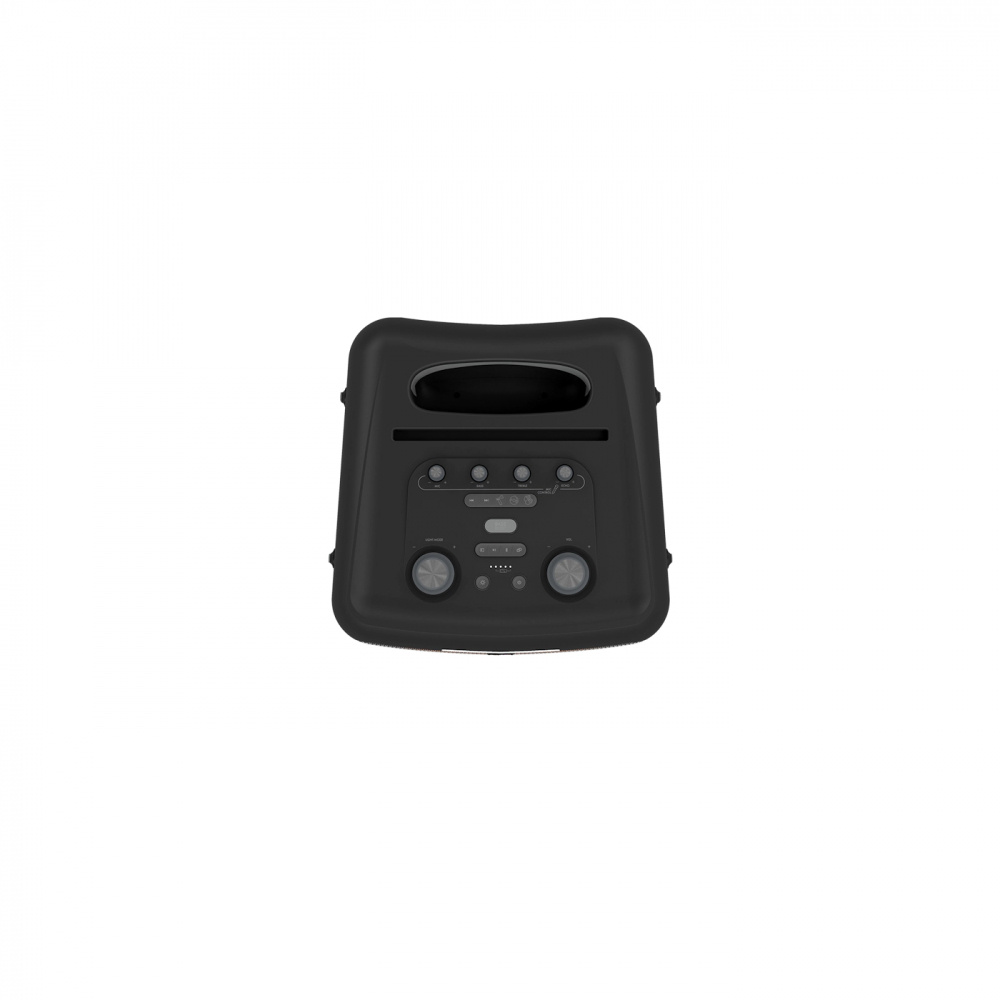 Partyhögtalare i svart med kontroller och Bluetooth-funktion.