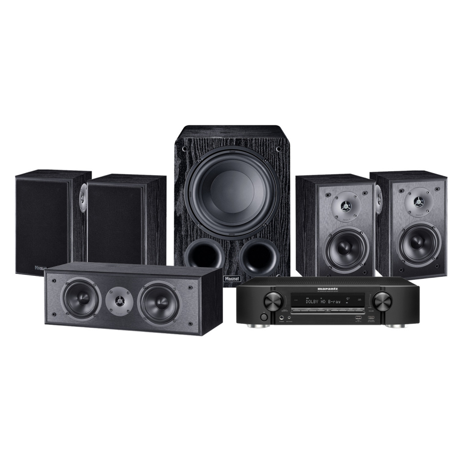 En svart 5.1 hemmabiopaket med förstärkare och högtalare.