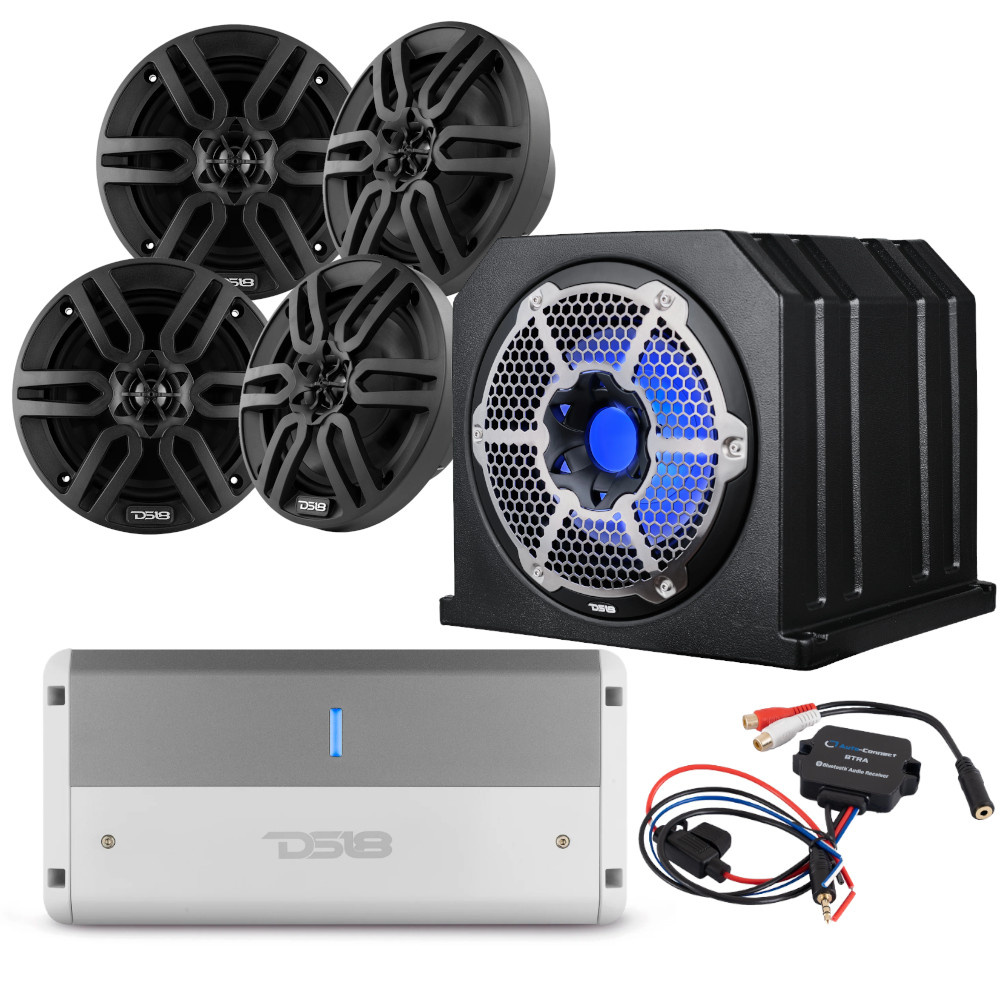 Marint ljudpaket med subwoofer, högtalare och förstärkare i svart design.