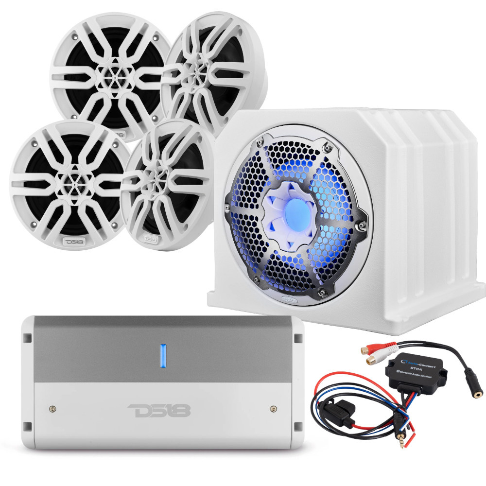 Vitt marint ljudpaket med subwoofer, högtalare och förstärkare.