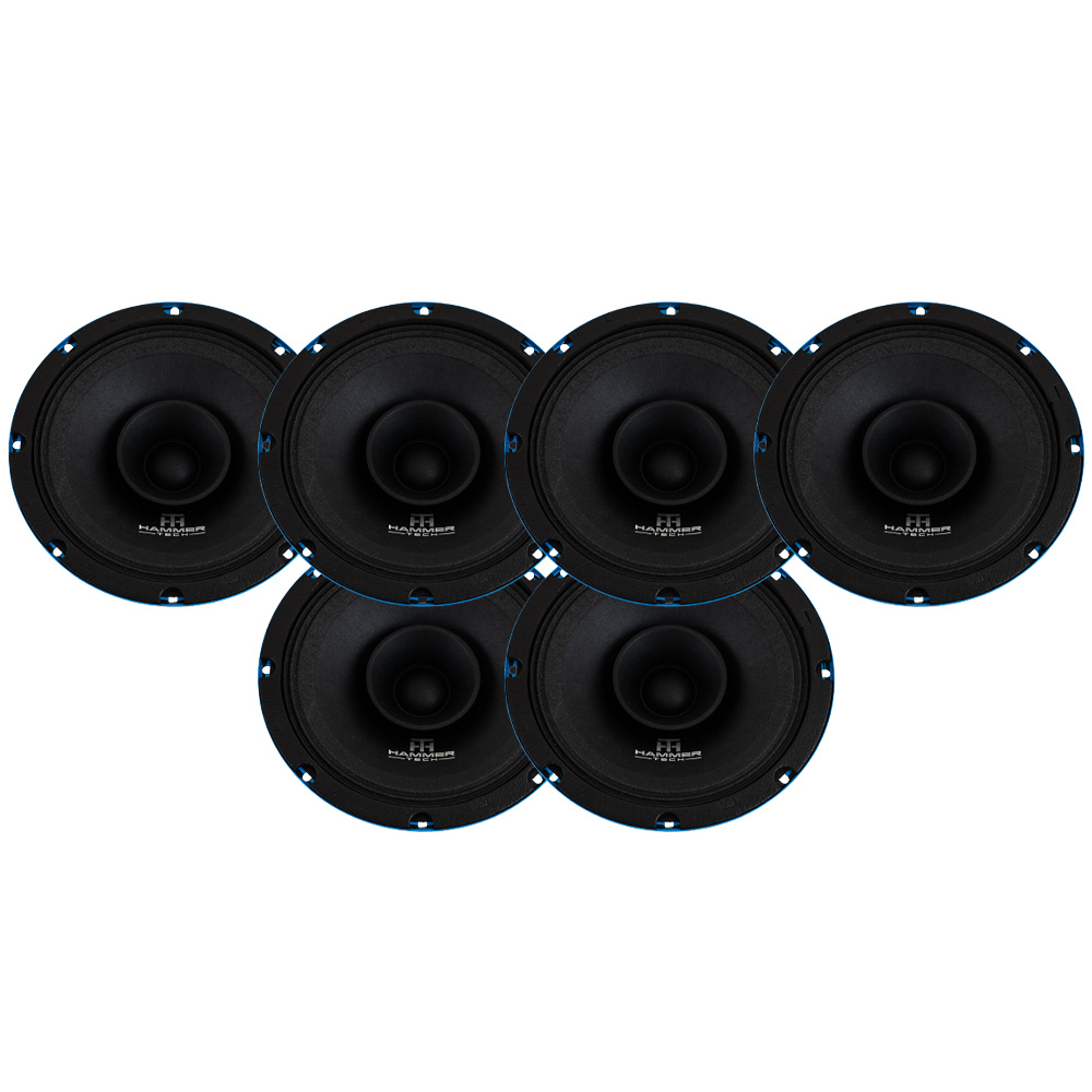 Sex svarta mellanregisterhögtalare med blå detaljer.