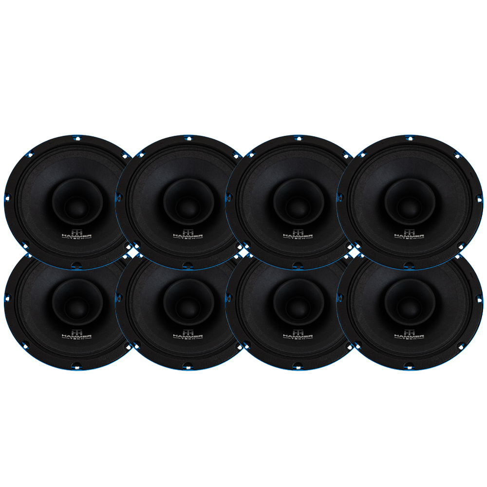 Åtta svarta mellanregisterhögtalare i rad.