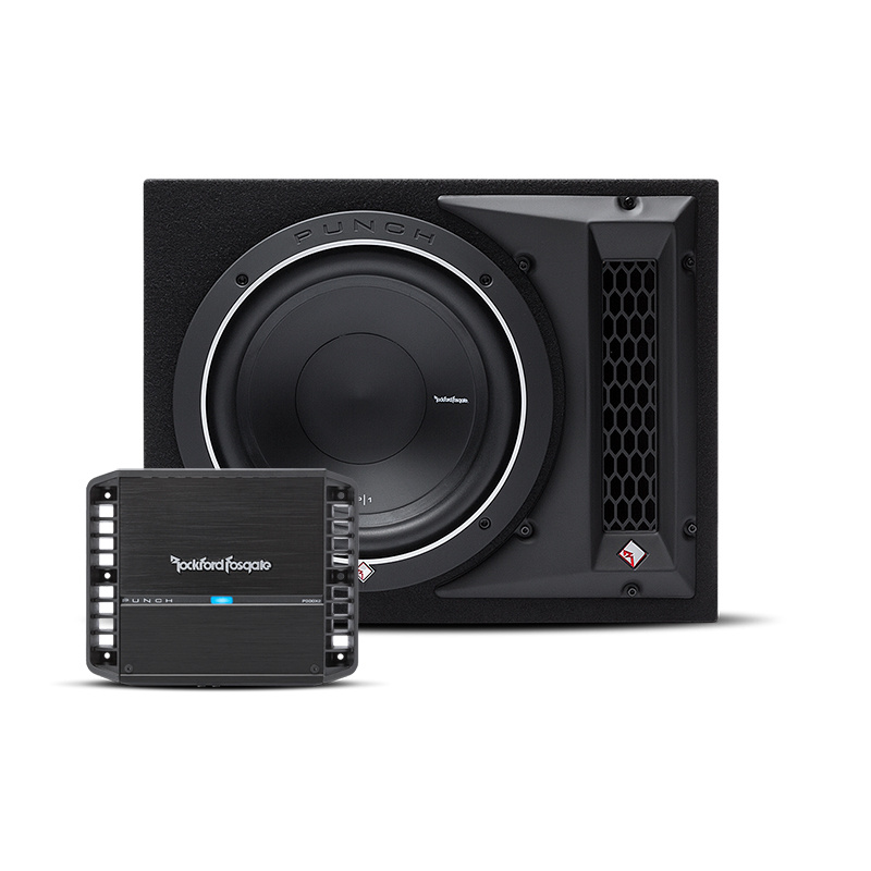 En subwoofer och förstärkare från Rockford Fosgate.