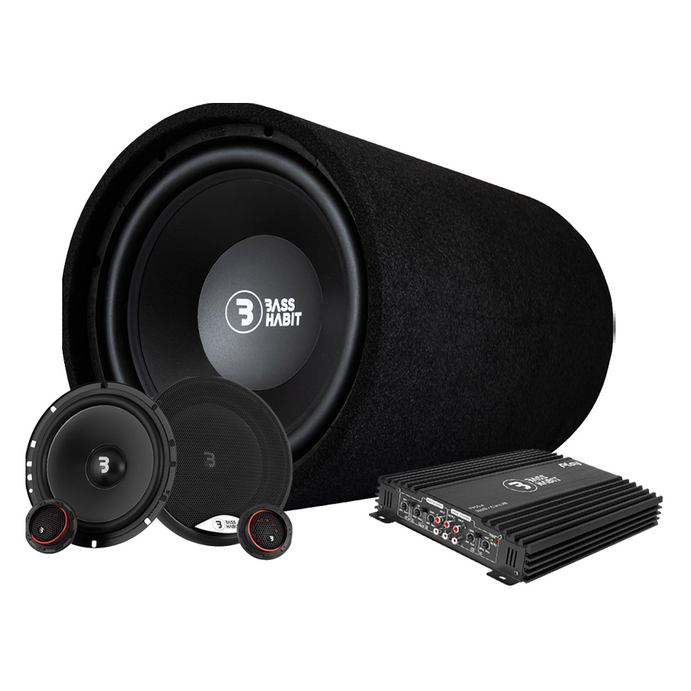 Ett ljudsystem med subwoofer, högtalare och förstärkare från Bass Habit.