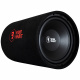 Bass Habit Play P12S & Play Power 70.2, baspaket Subwoofer i en rund låda, svart med röd logotyp.