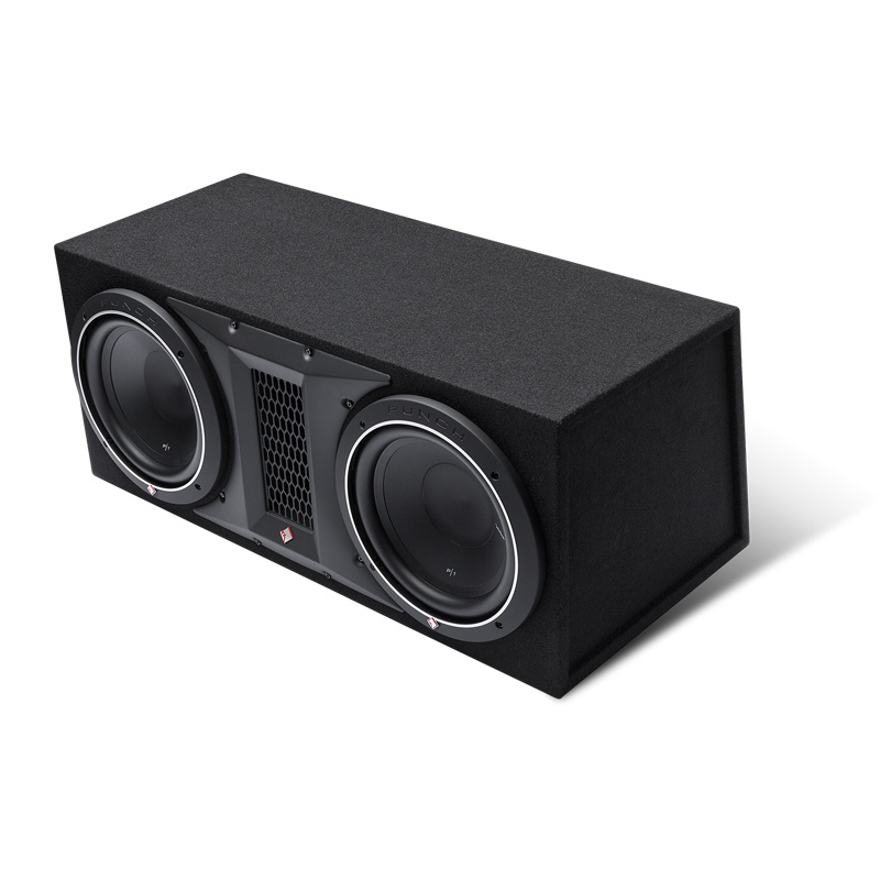 Subwoofer med två högtalare i en svart låda för kraftfull bas.