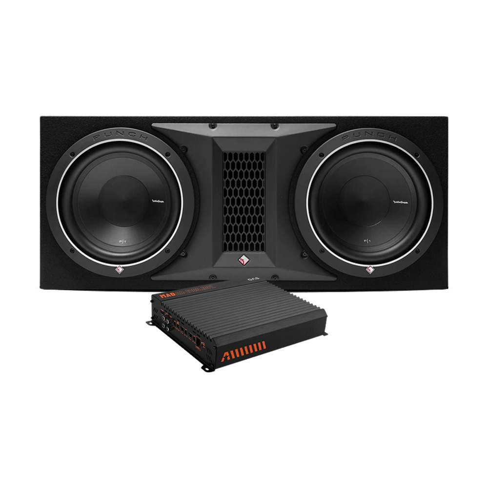 En baslåda med två subwoofers och en förstärkare.