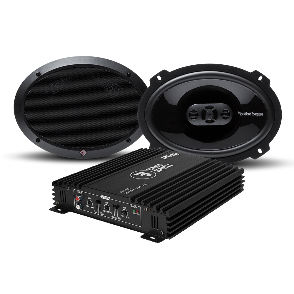 Högtalarpaket med 6x9-tumsljudsystem och förstärkare.