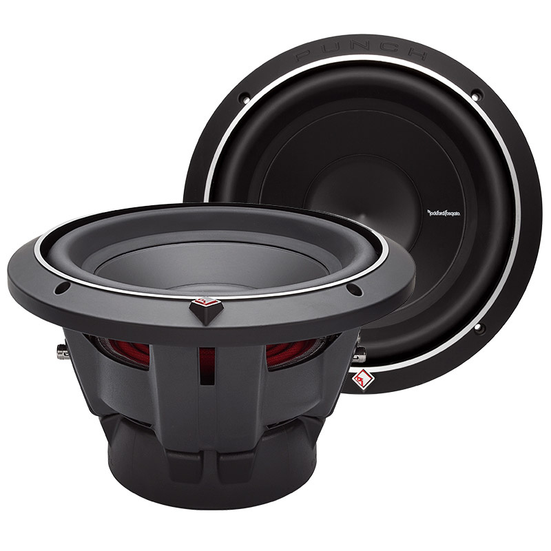 Två subwoofers från Rockford Fosgate i svart och silverdesign.