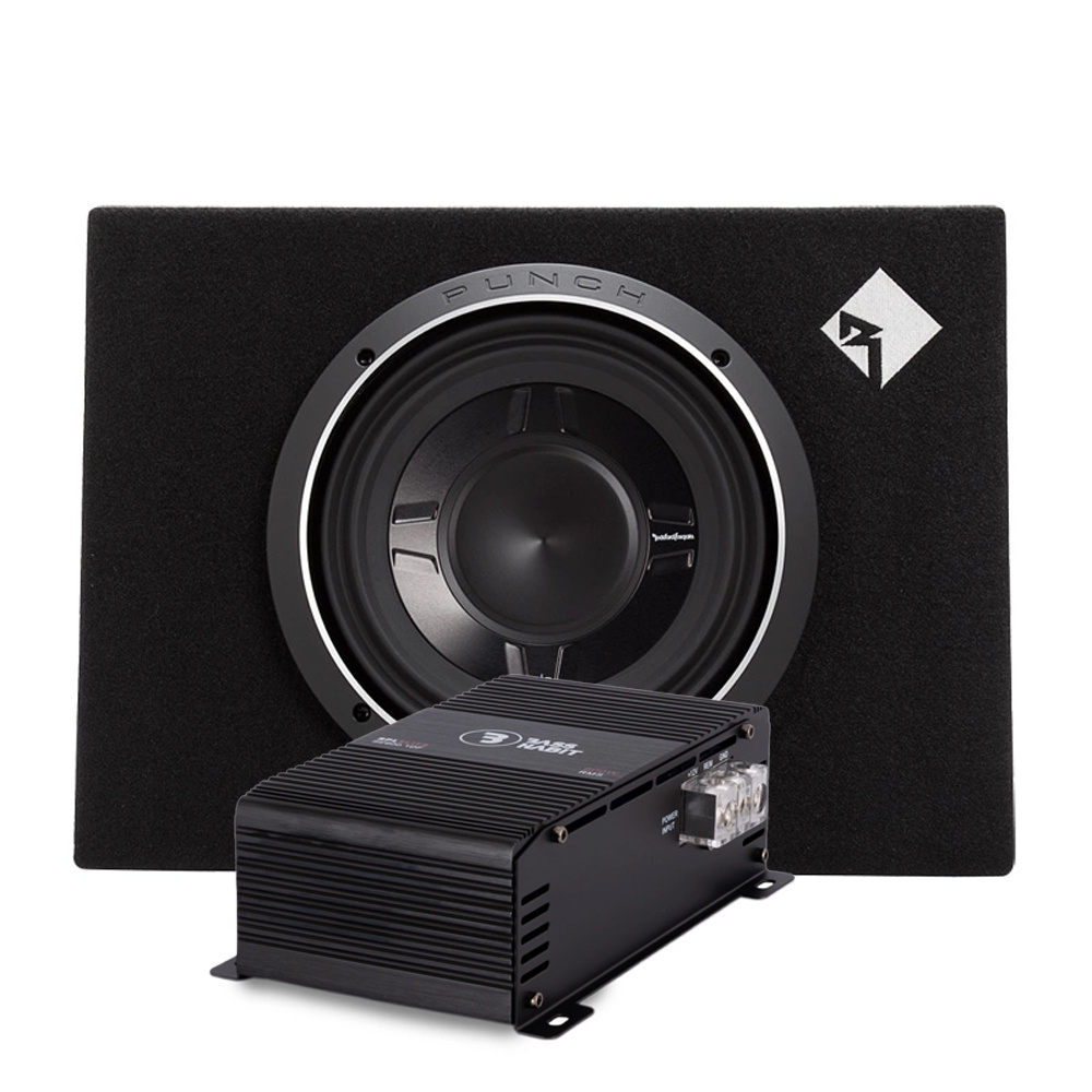 Baslåda med 10-tums element och förstärkare för bilstereo.