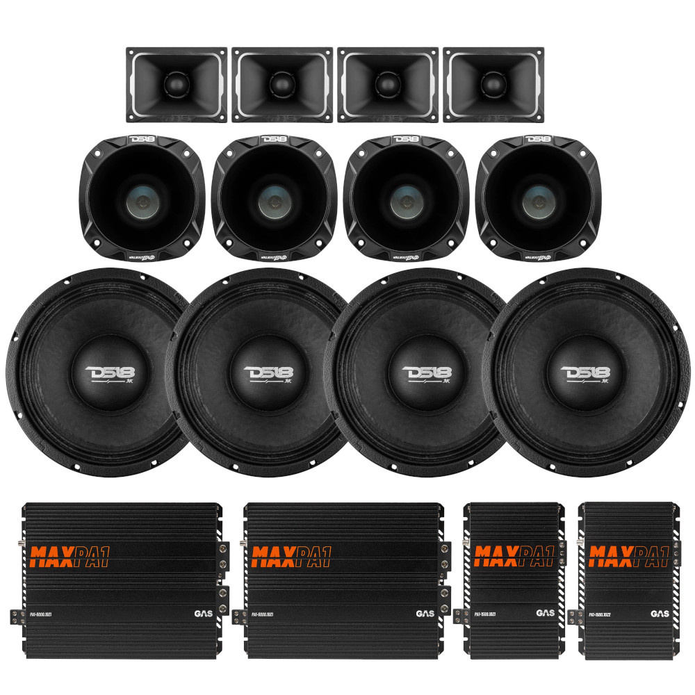 Högtalarpaket med subwoofers, diskanter och förstärkare för ljudsystem.