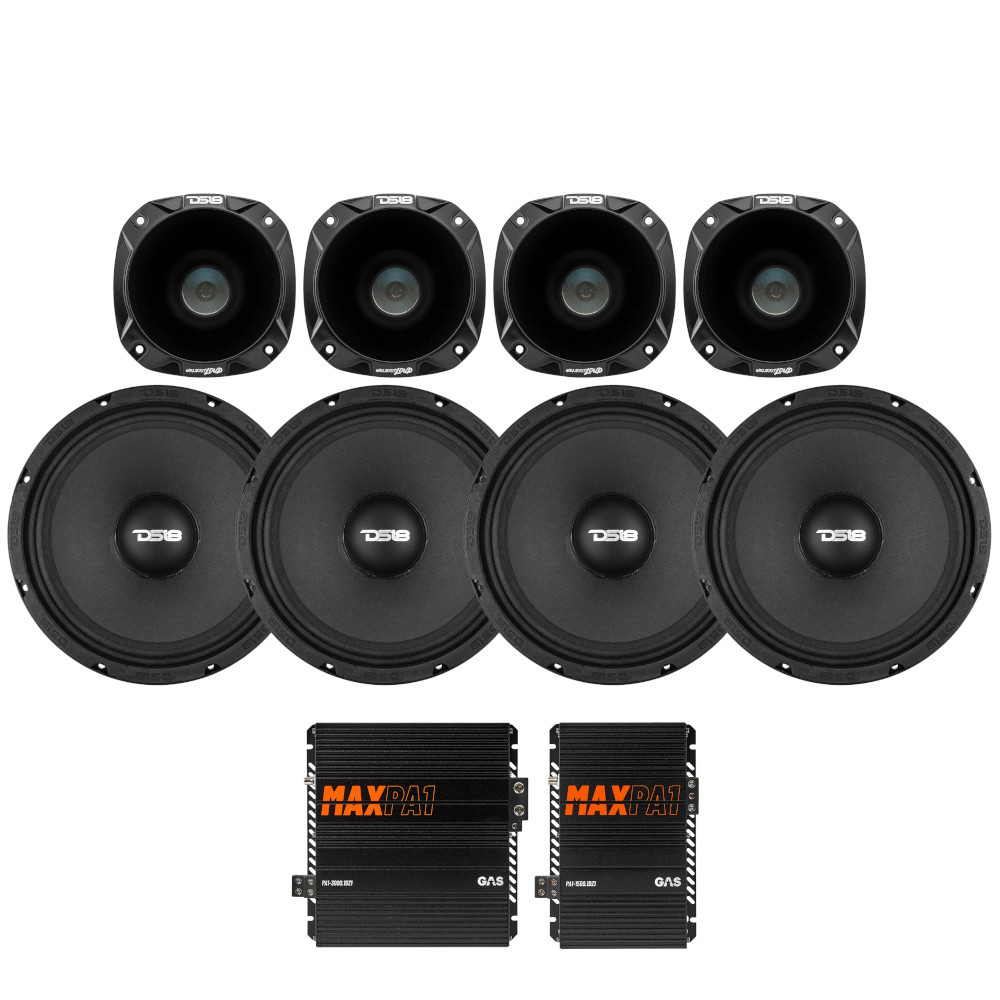 Högtalarsystem med flera element och förstärkare för ljudinstallation.