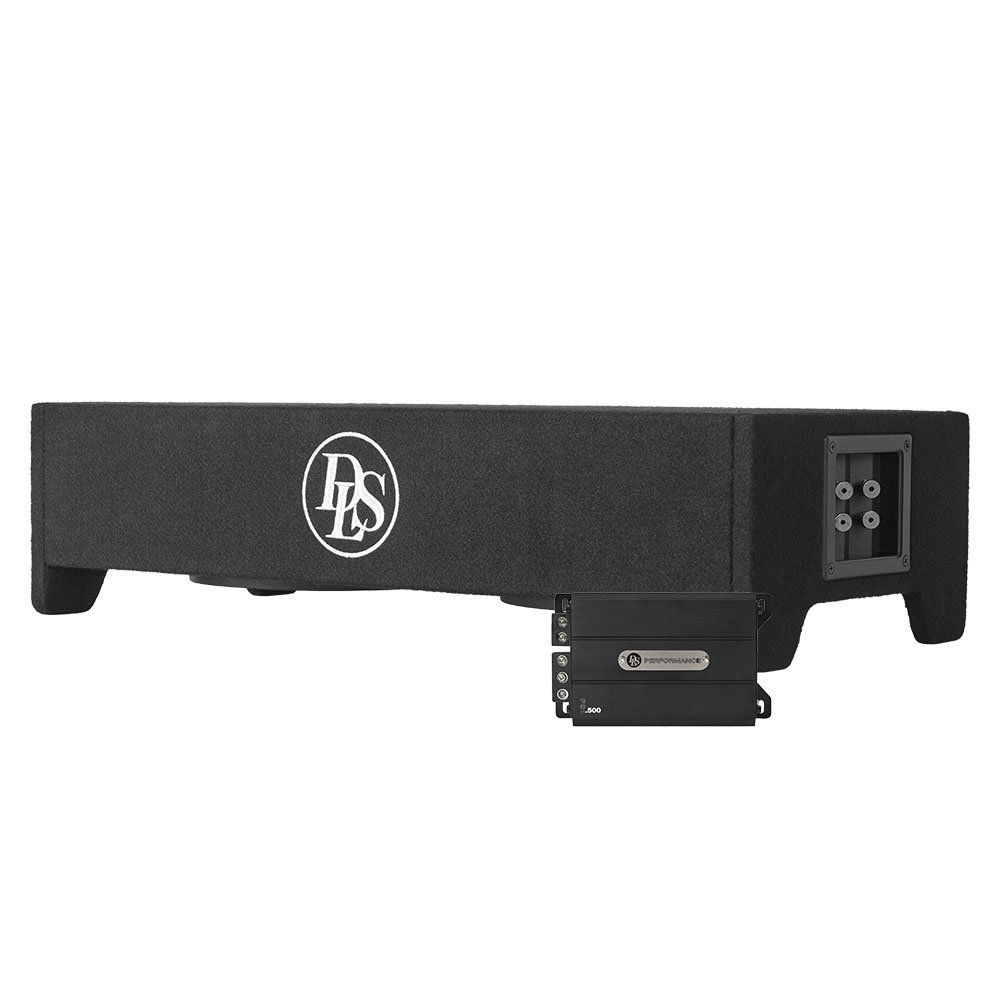 En svart högtalarlåda med logotyp och en anslutningsmodul.