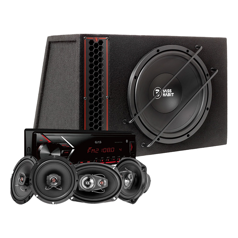 Bass Habit PL112A paket med Rebel-högtalare och GAS GMA152BTR stereo.