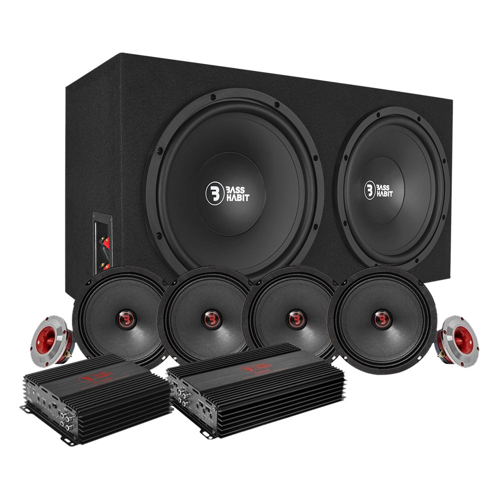 Högtalarpaket med två subwoofers, flera högtalare och förstärkare.