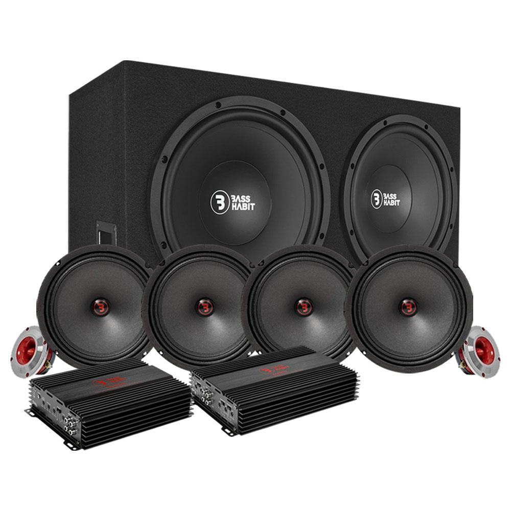 Högtalarsystem med subwoofers, förstärkare och komponenthögtalare.