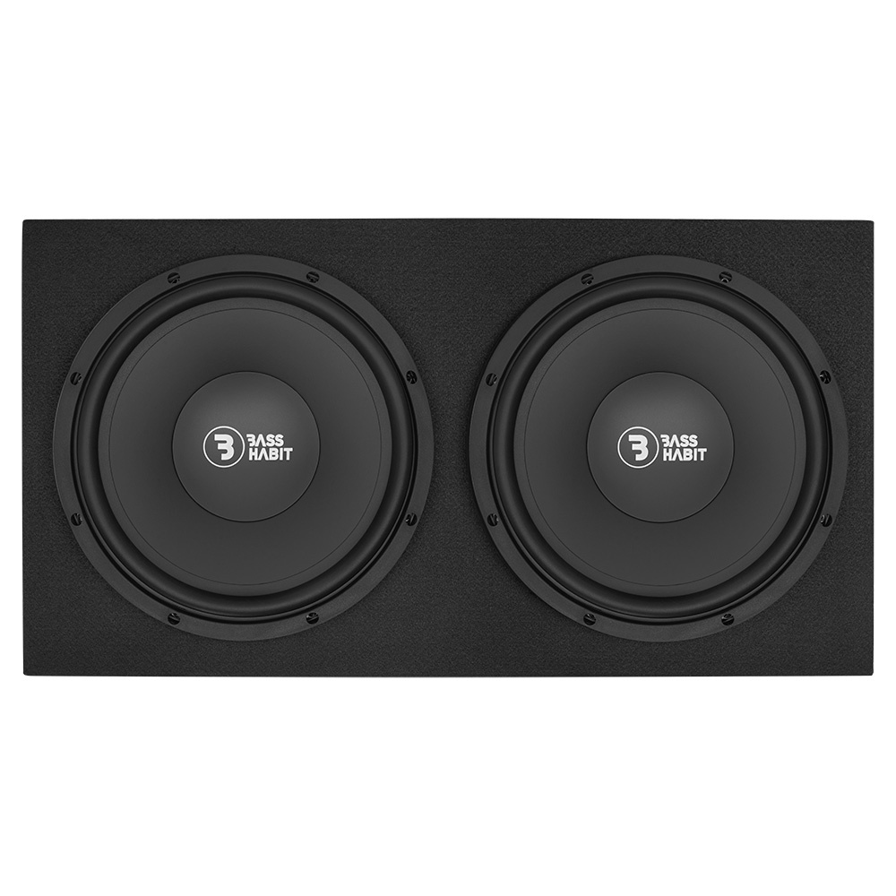 Två svart baslådor i en låda, designad för bilstereo.