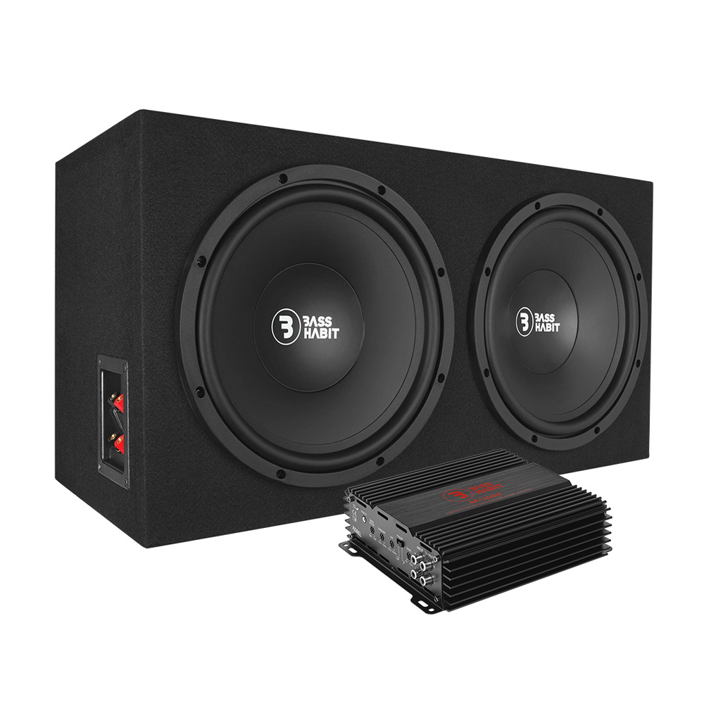 Baslåda med dubbla element och förstärkare i kompakt design.