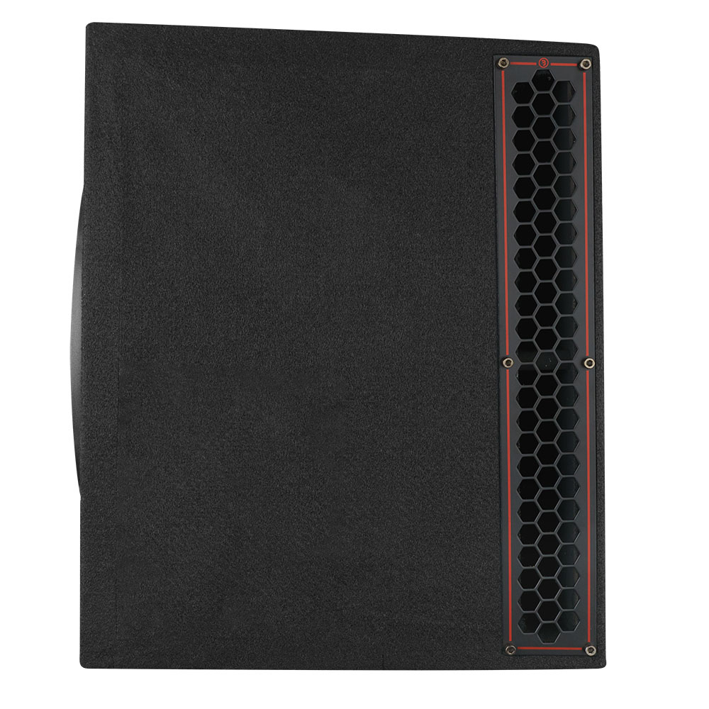 En svart subwoofer med en hexagonal ventilationsgrill.