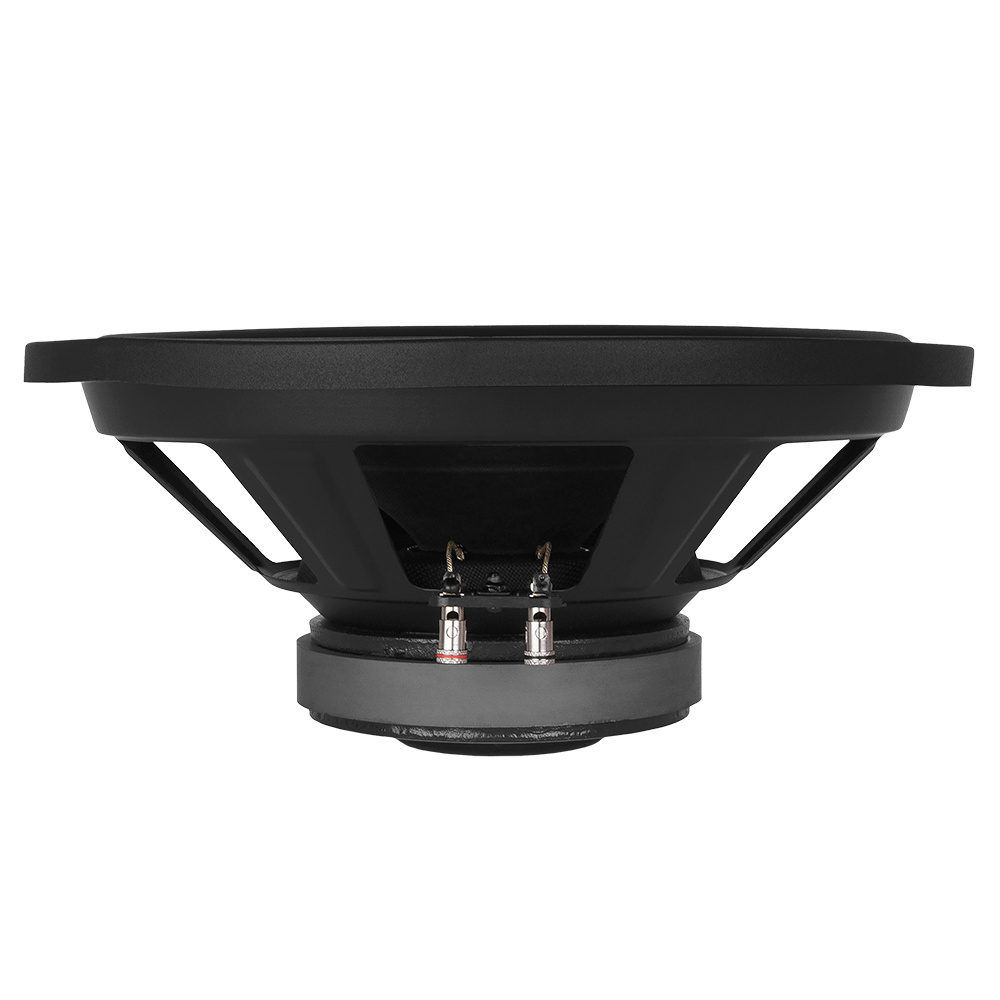 En svart högtalare med en stor membran och anslutningar för installation.