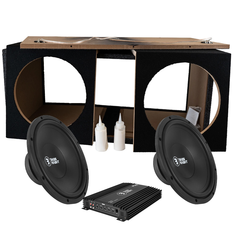 Baspaket med två högtalare, byggekapsel och förstärkare.