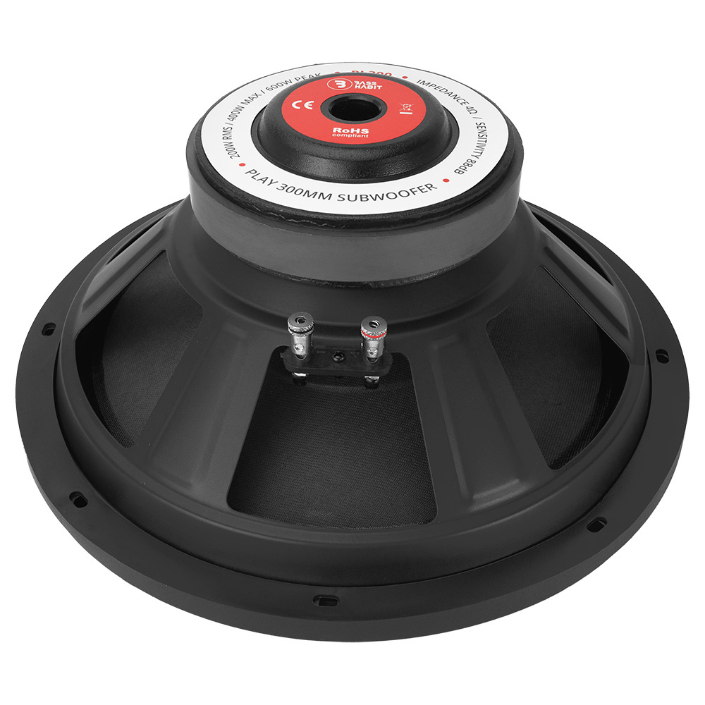 Subwoofer med 12 tum och hög effekt, designad för djup basåtergivning.